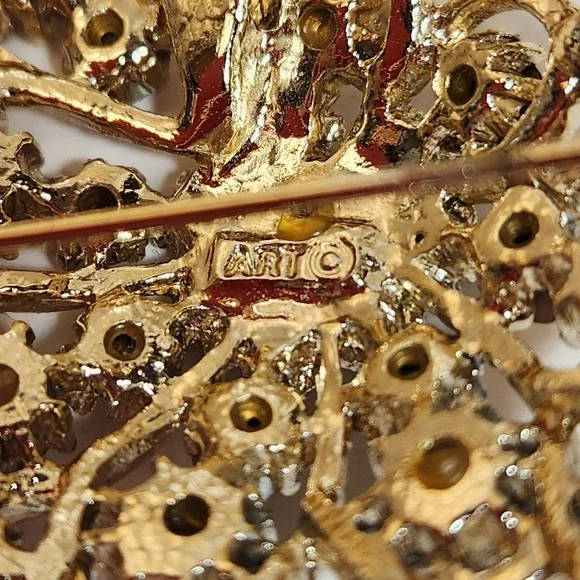 Vtg Art Brooch Gold Tone Aurora Borealis Rhinestone Flower Pin Statement Glamour - Picture 3 of 4